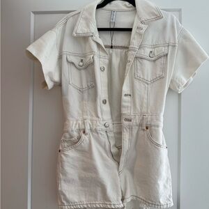 Zara Cream Short-Sleeve Denim Jumpsuit